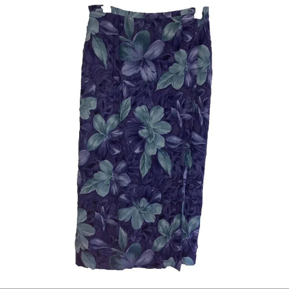 Talbots Long Blue Floral Silk Wrap Women Skirt 14